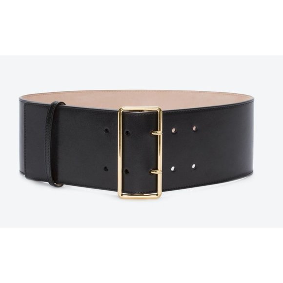 Alexander McQueen Black Leather Wide Belt with Gold Buckle main image 7